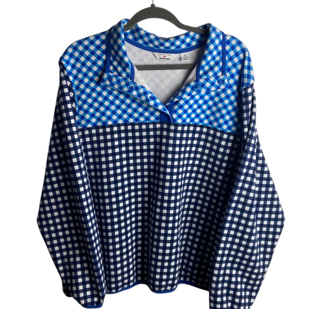 Draper James Lands End Size 2x Gingham Checked Pullover Snap Sweatshirt Blue